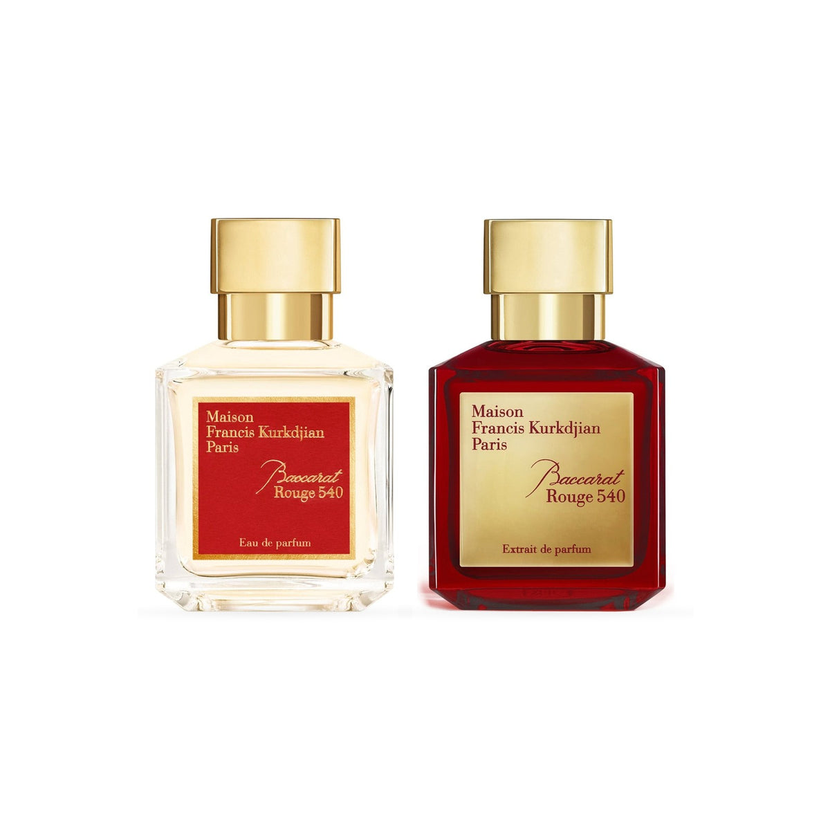 Bottles of the perfumes in the Baccarat Rouge 540 Duo: EDP and Extrait