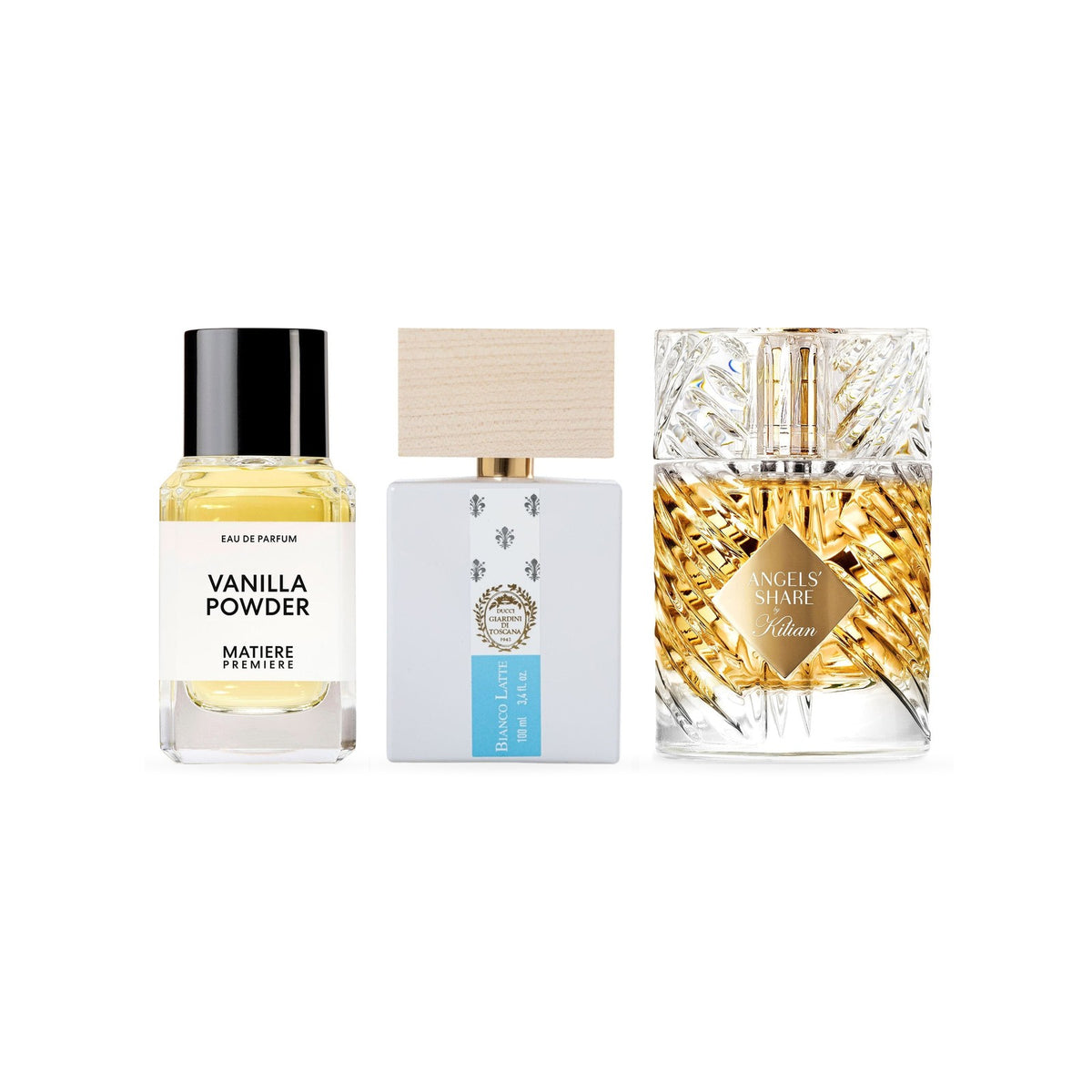 Bottles of the perfumes in the Three Vanillas Set